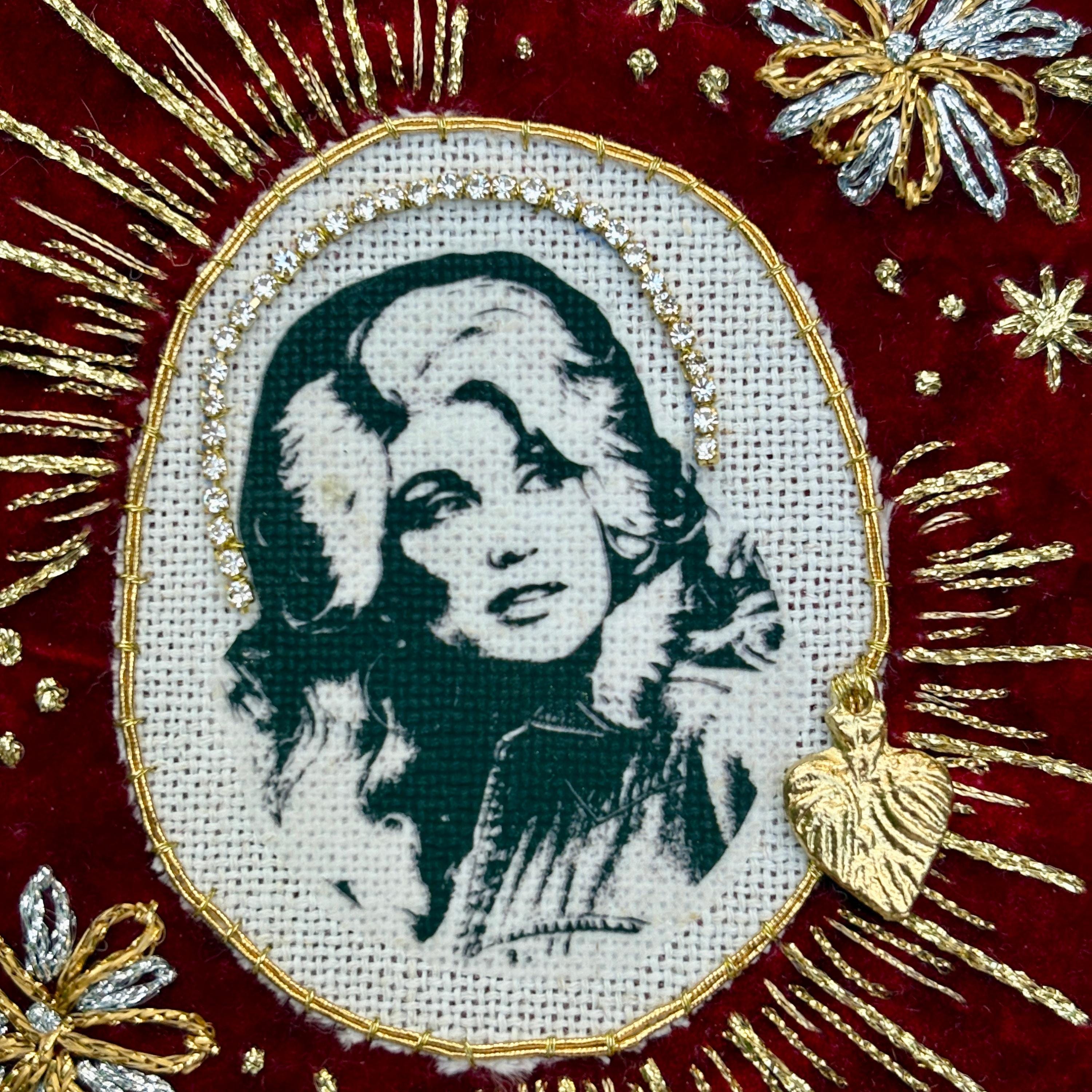 Dolly Parton Patch, Hand Embroidered Sew On Patch With Rhinestone Halo.