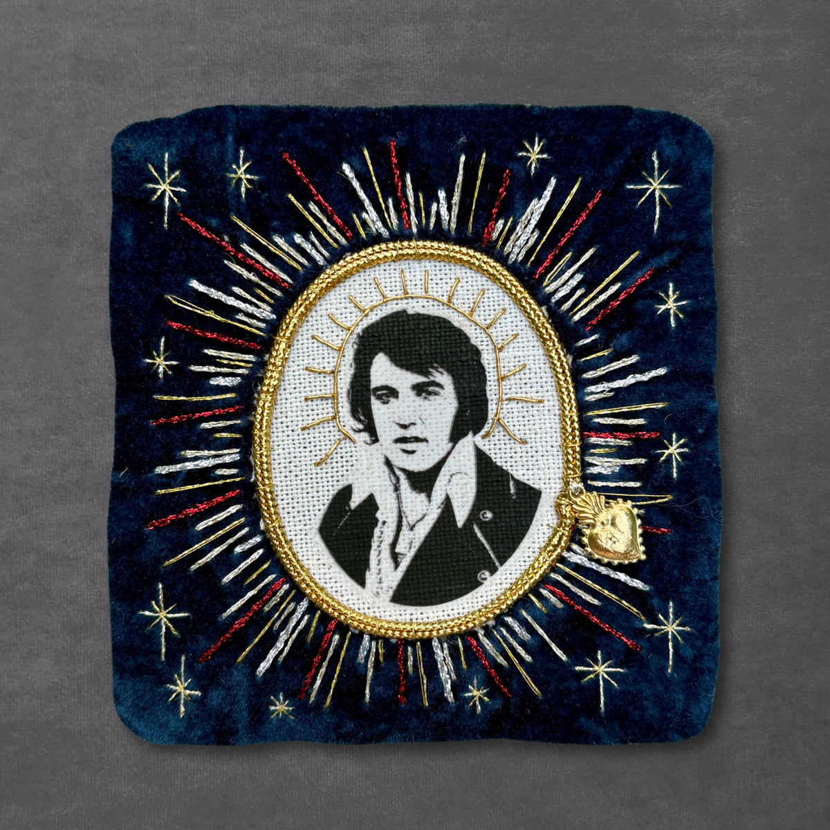Elvis Patch, Blue Velvet Sew On Patch with linen and goldwork