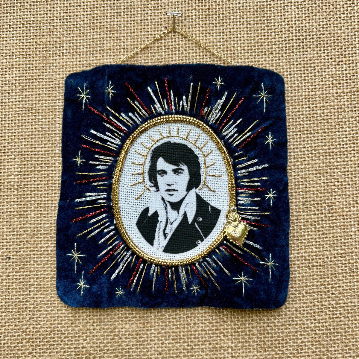 Elvis Patch, Blue Velvet Sew On Patch with linen and goldwork