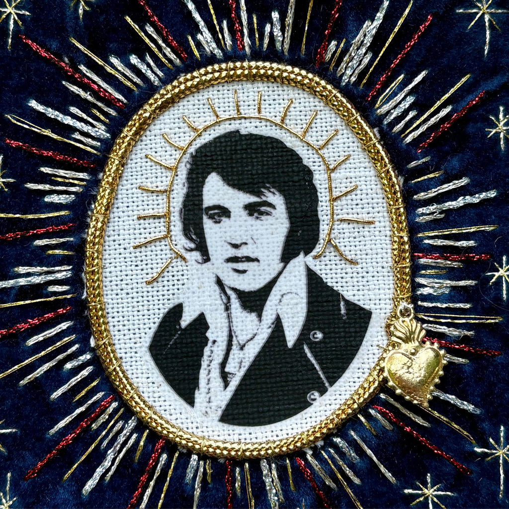 Elvis Patch, Blue Velvet Sew On Patch with linen and goldwork