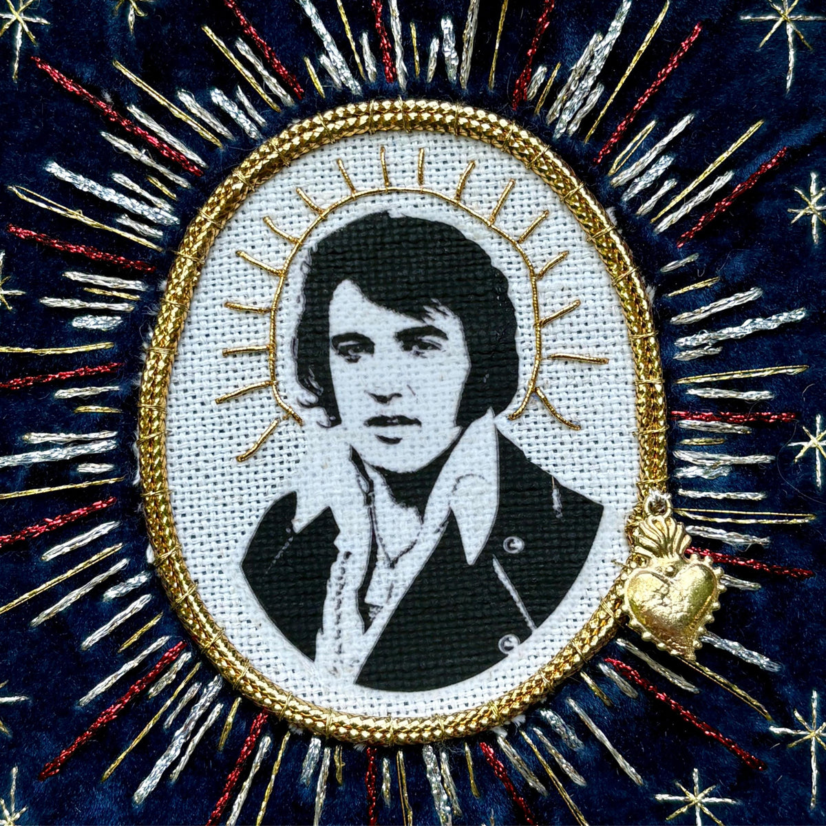Elvis Patch, Blue Velvet Sew On Patch with linen and goldwork