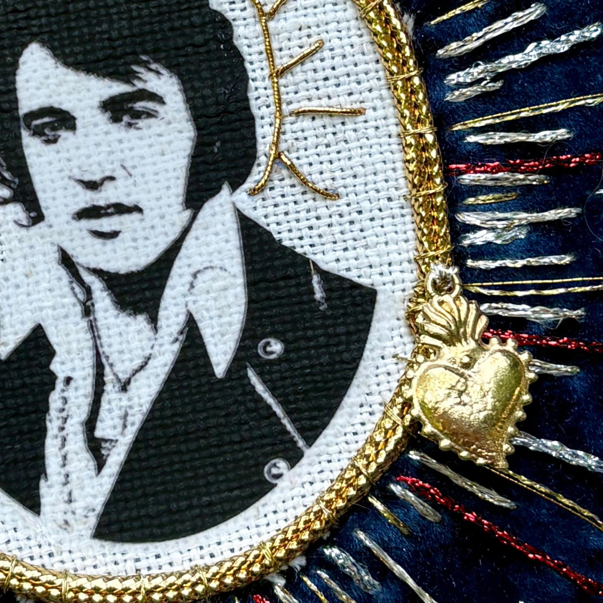 Elvis Patch, Blue Velvet Sew On Patch with linen and goldwork