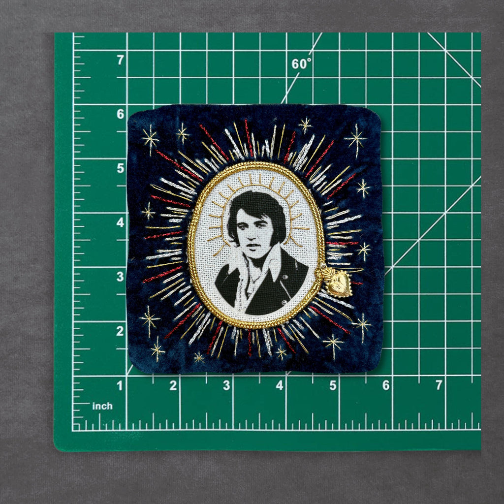 Elvis Patch, Blue Velvet Sew On Patch with linen and goldwork