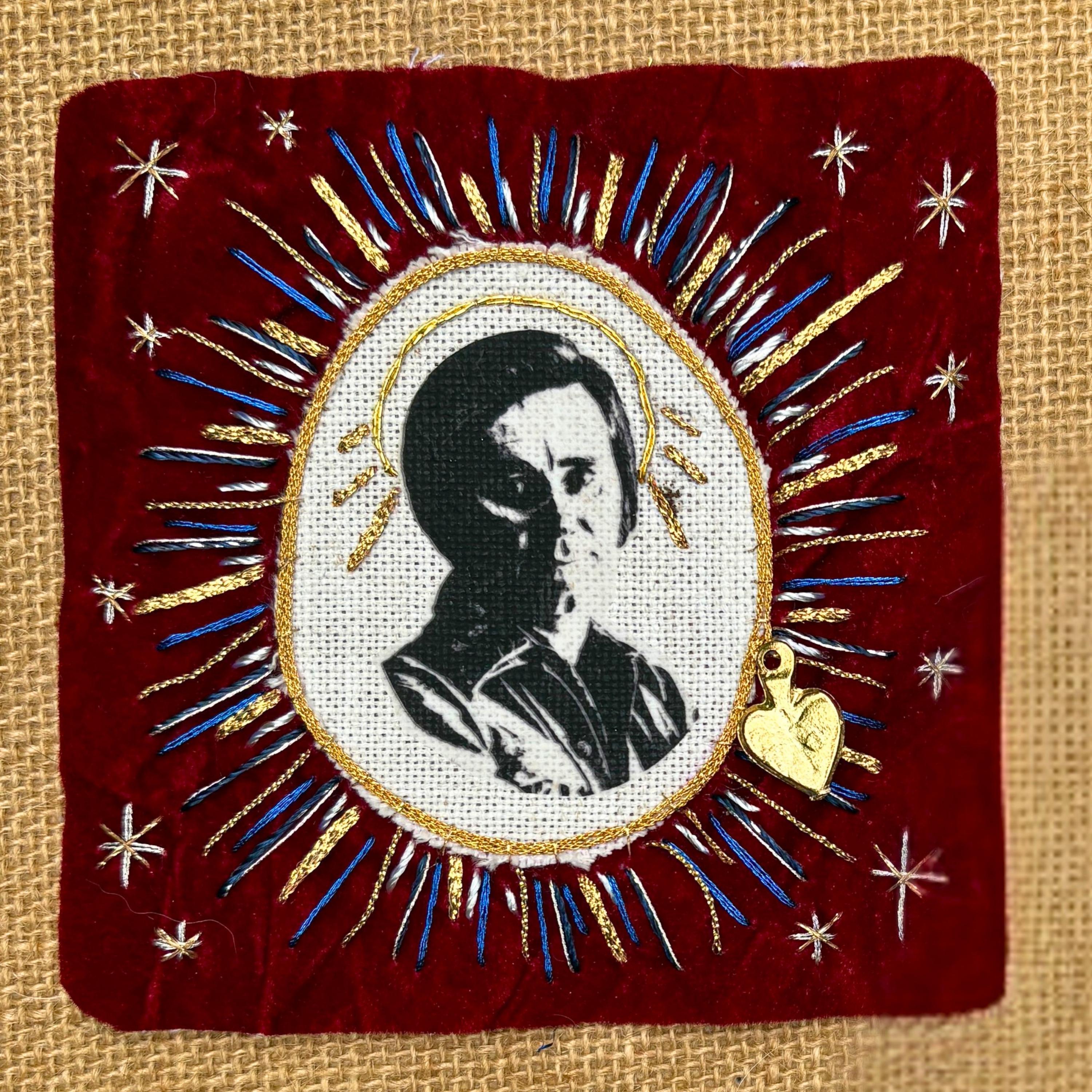 George Jones Patch, Hand-Embroidered Red Velvet, Goldwork, Sacred Heart Milagro