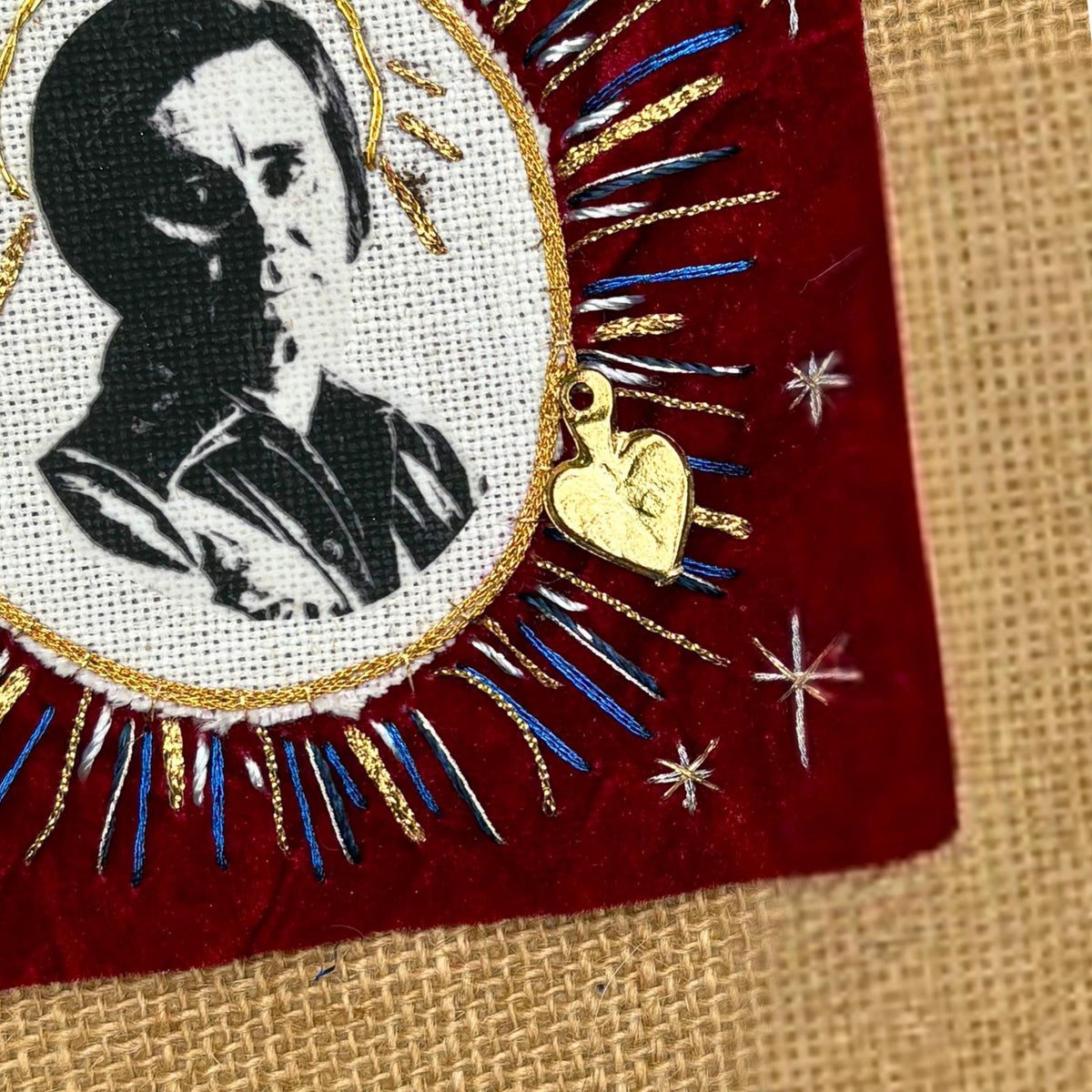 George Jones Patch, Hand-Embroidered Red Velvet, Goldwork, Sacred Heart Milagro