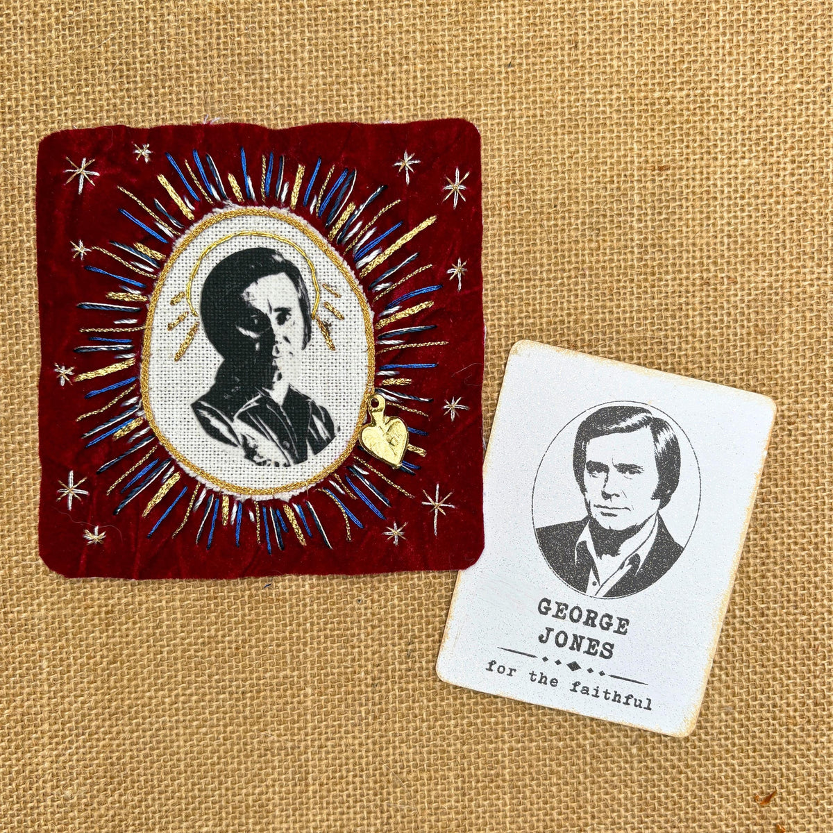 George Jones Patch, Hand-Embroidered Red Velvet, Goldwork, Sacred Heart Milagro