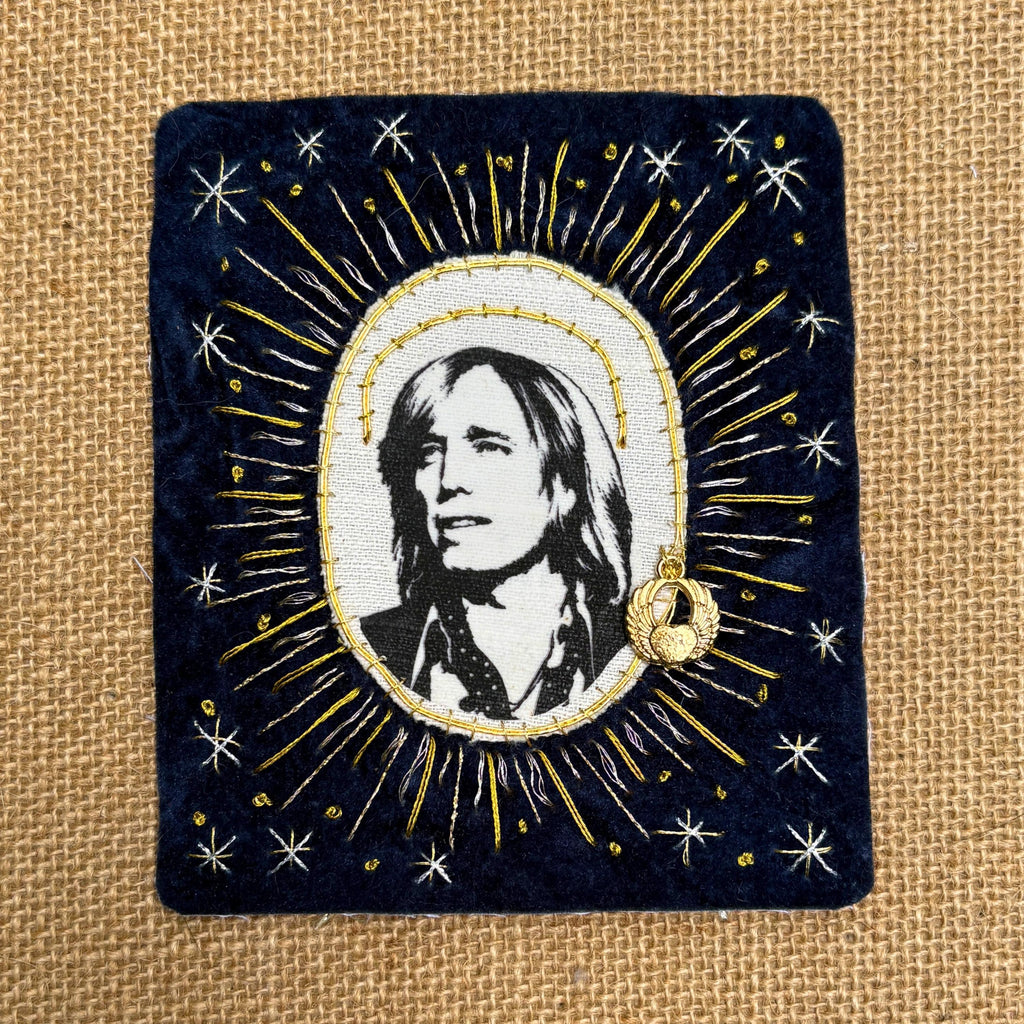 Tom Petty Patch, Hand-Embroidered Velvet and Linen with Metallic Goldwork