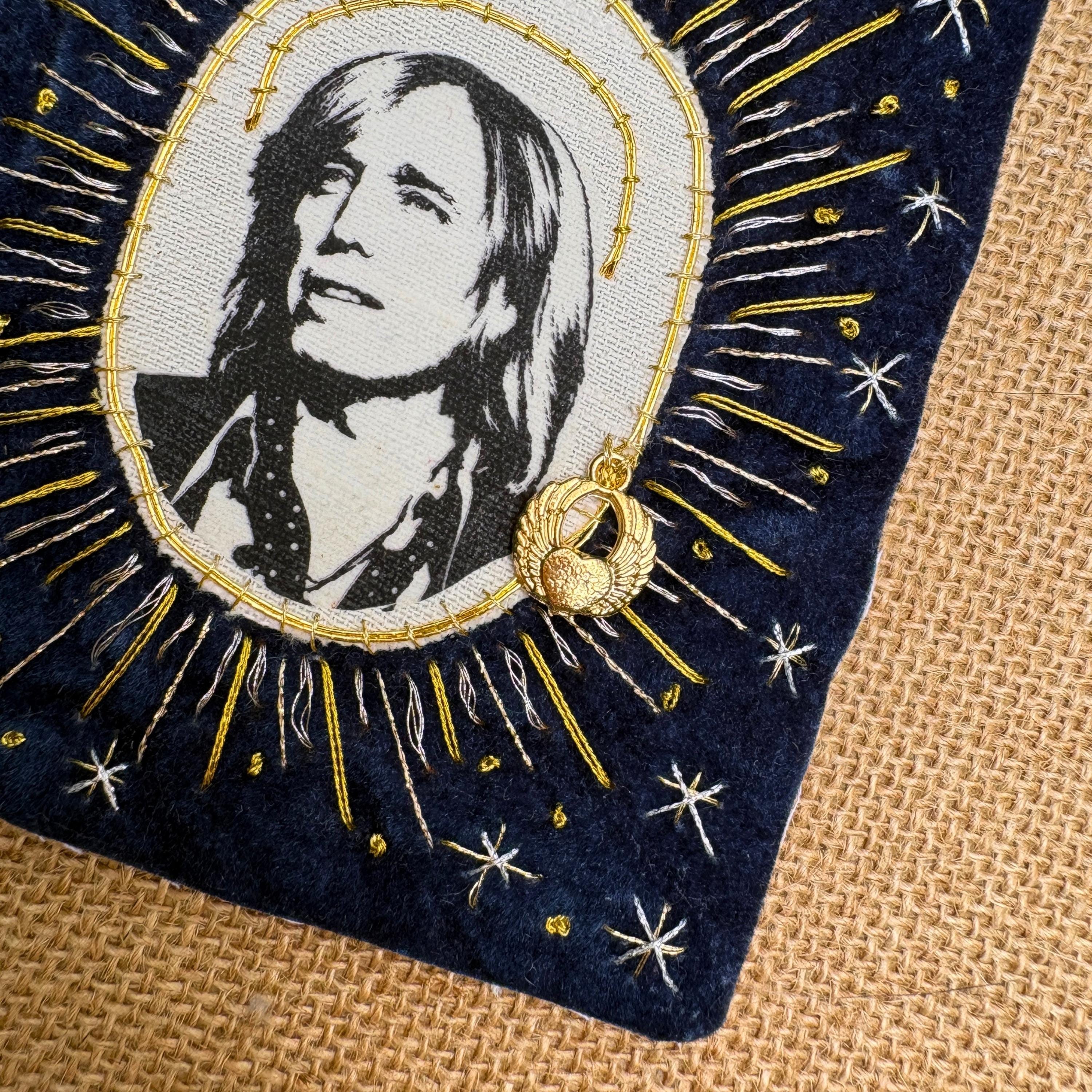 Tom Petty Patch, Hand-Embroidered Velvet and Linen with Metallic Goldwork