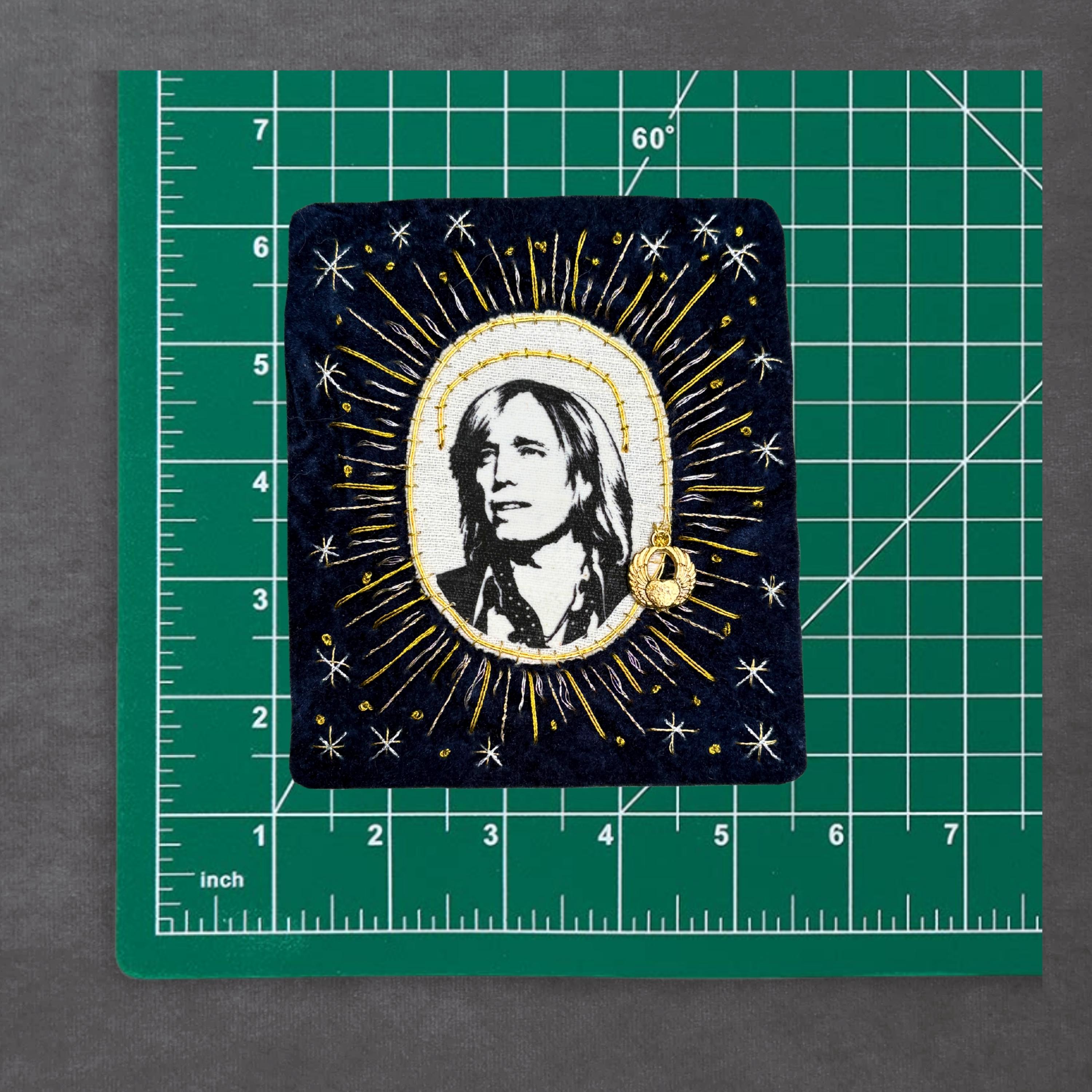Tom Petty Patch, Hand-Embroidered Velvet and Linen with Metallic Goldwork