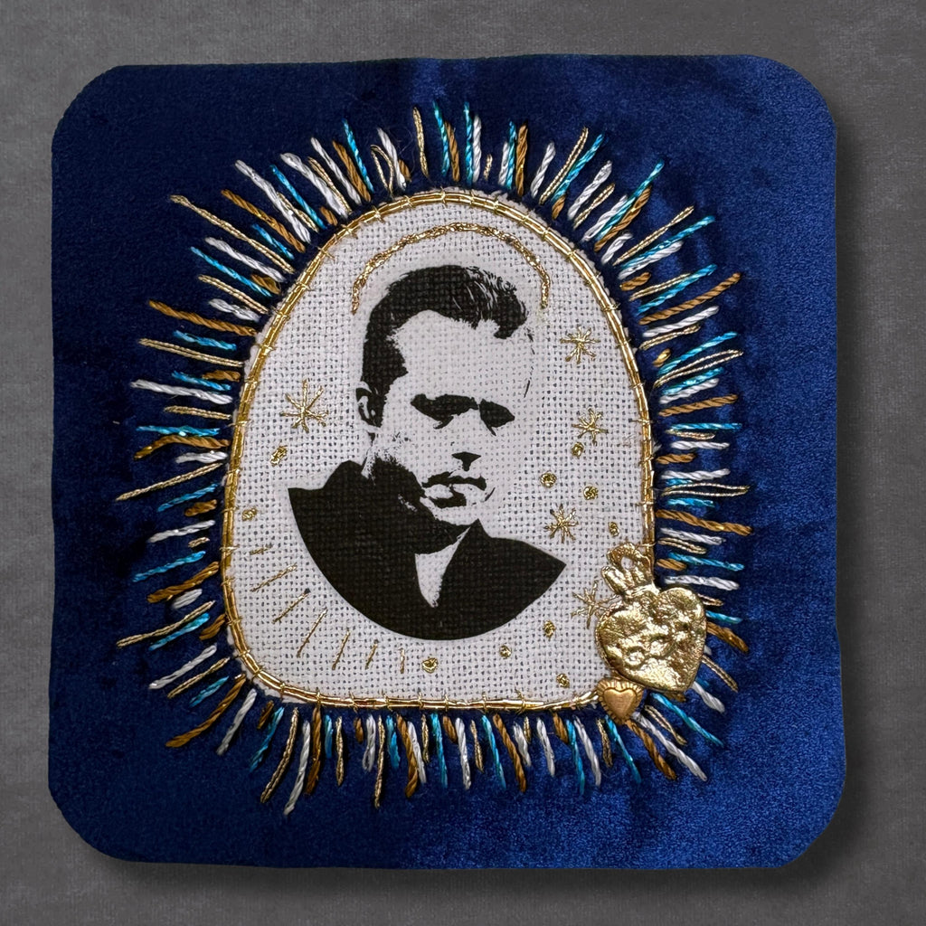 Jason Portrait Patch, Hand-Embroidered Blue Velvet with Sacred Heart Milagro