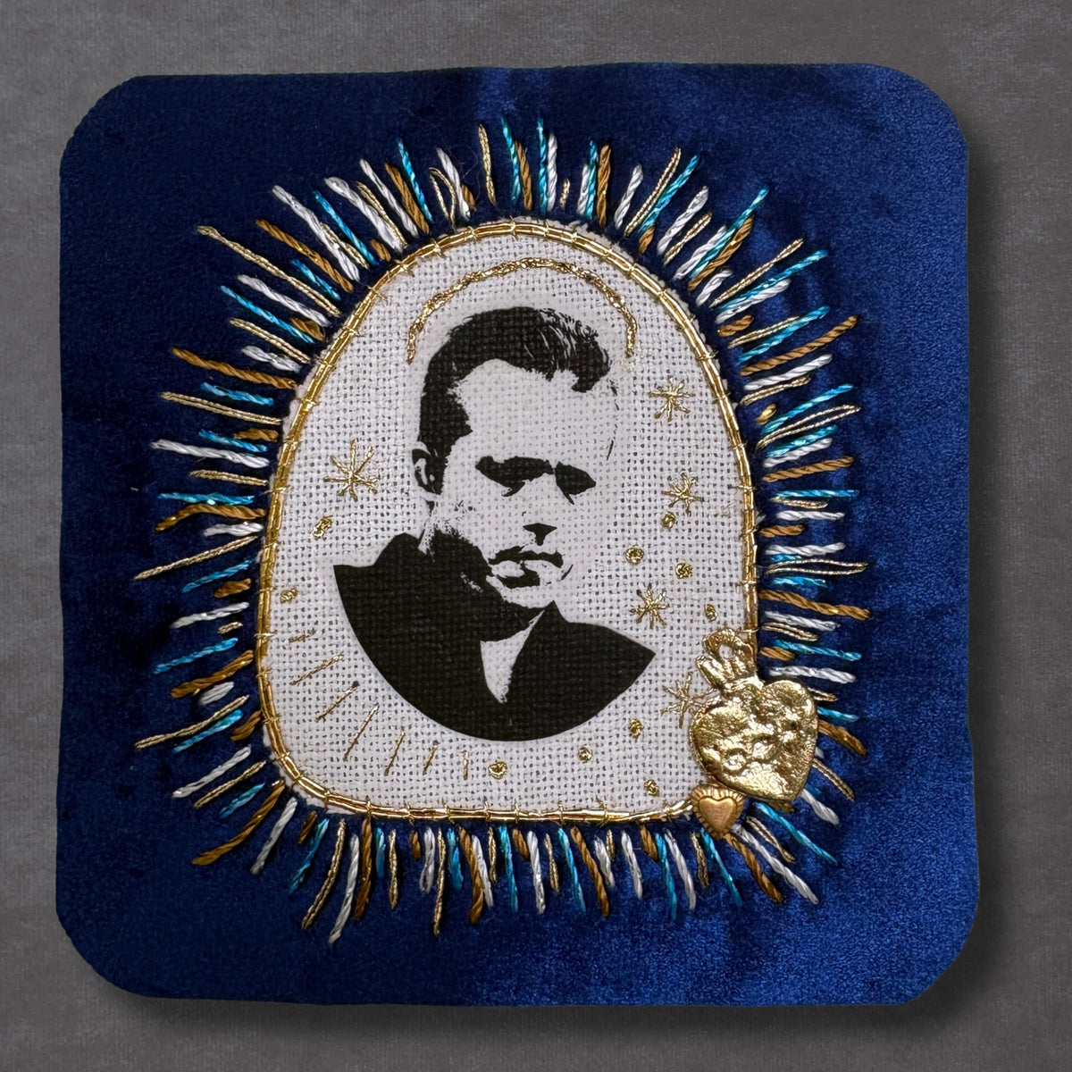 Jason Portrait Patch, Hand-Embroidered Blue Velvet with Sacred Heart Milagro