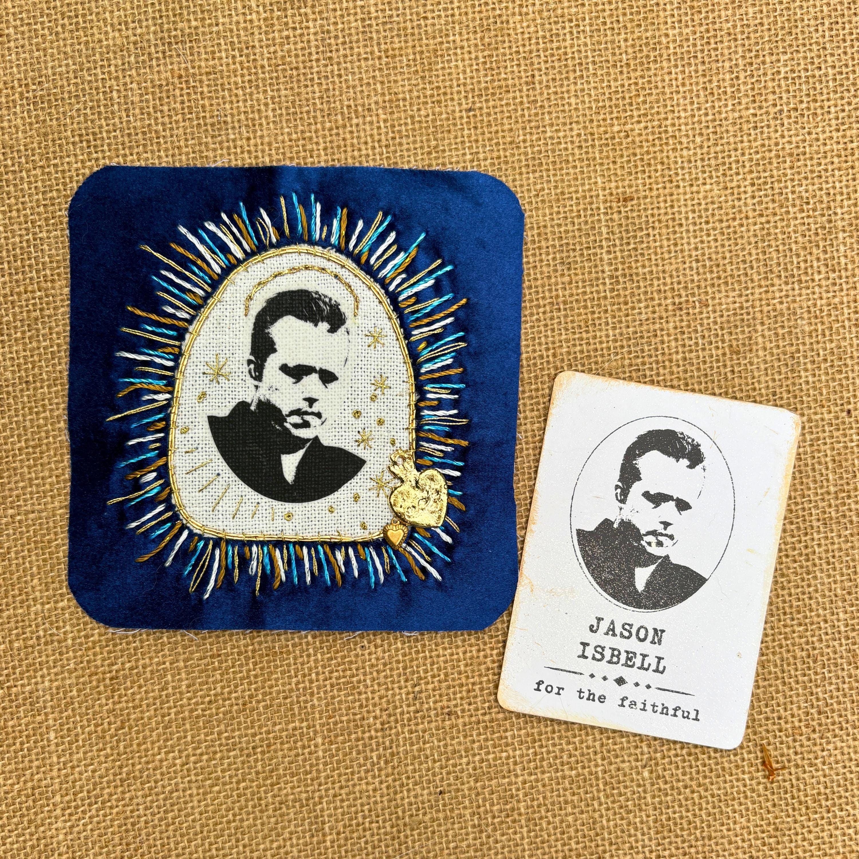 Jason Portrait Patch, Hand-Embroidered Blue Velvet with Sacred Heart Milagro