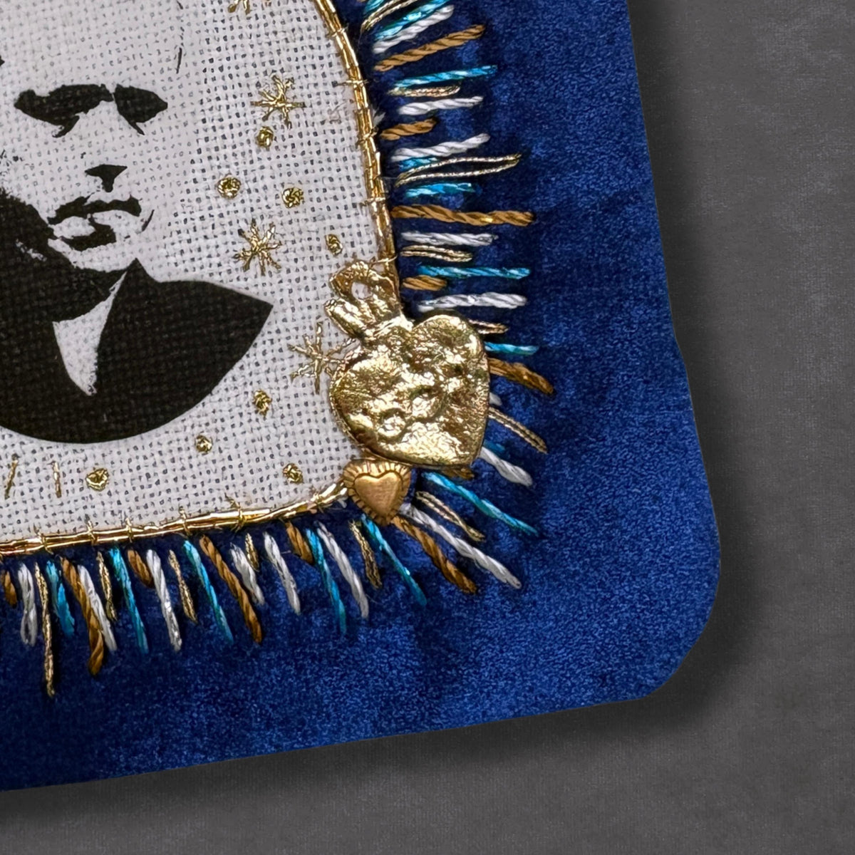 Jason Portrait Patch, Hand-Embroidered Blue Velvet with Sacred Heart Milagro