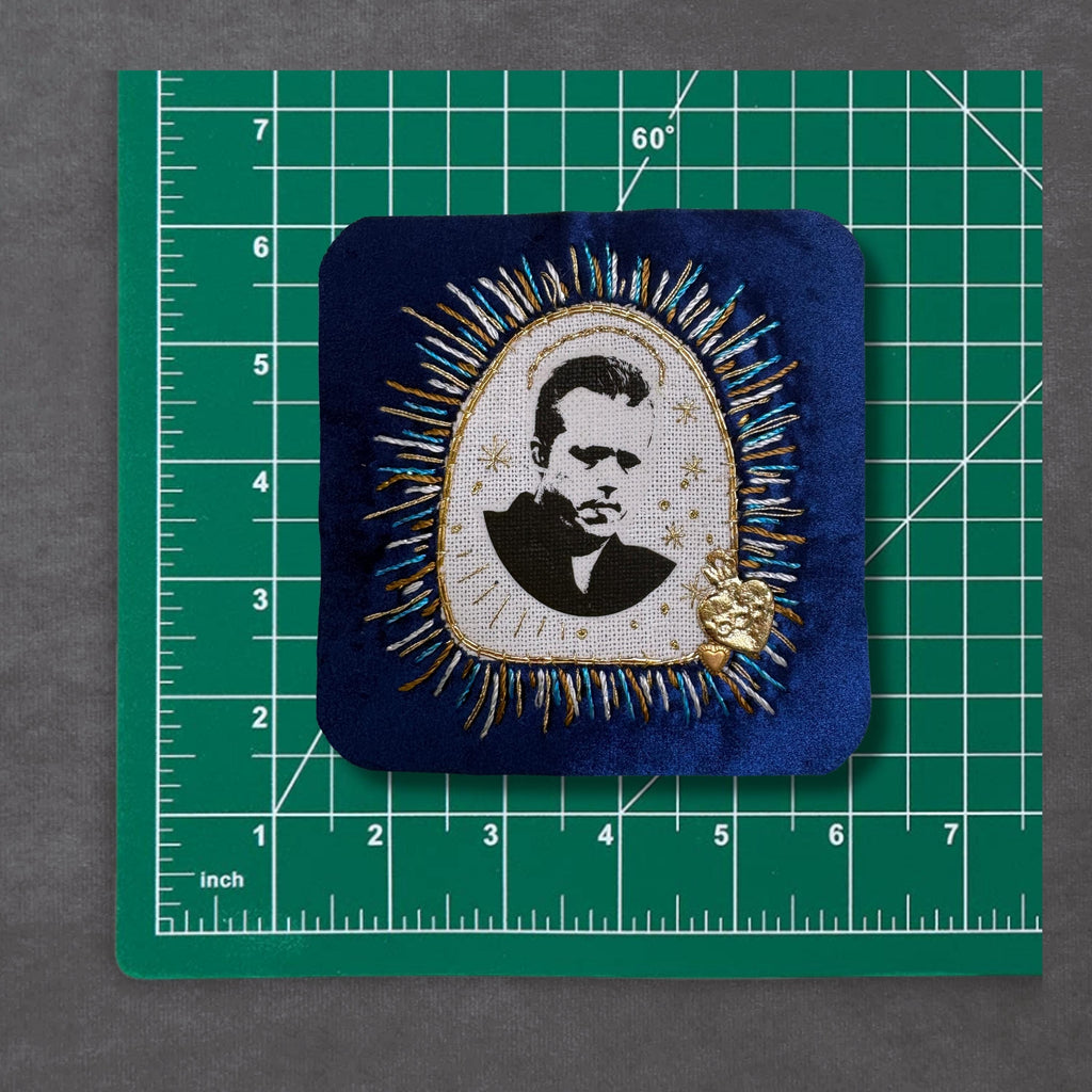 Jason Portrait Patch, Hand-Embroidered Blue Velvet with Sacred Heart Milagro