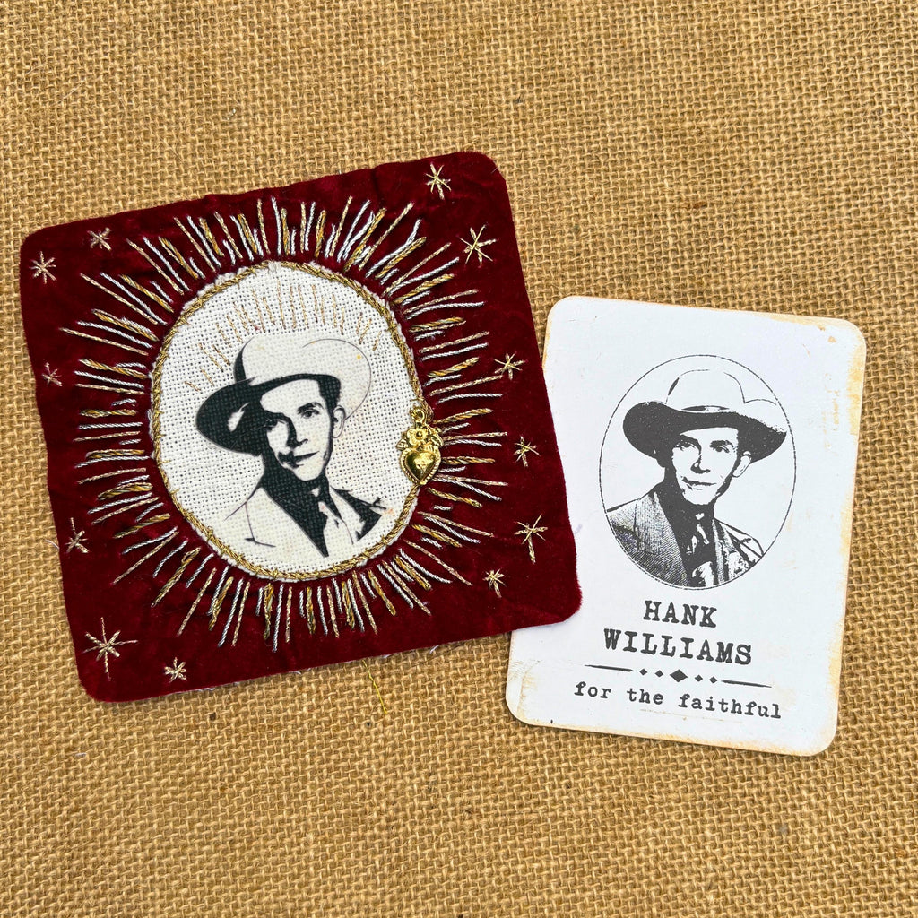 Hank Williams Sr Patch, Hand-Embroidered Red Velvet and Cream Linen with Goldwork Threads