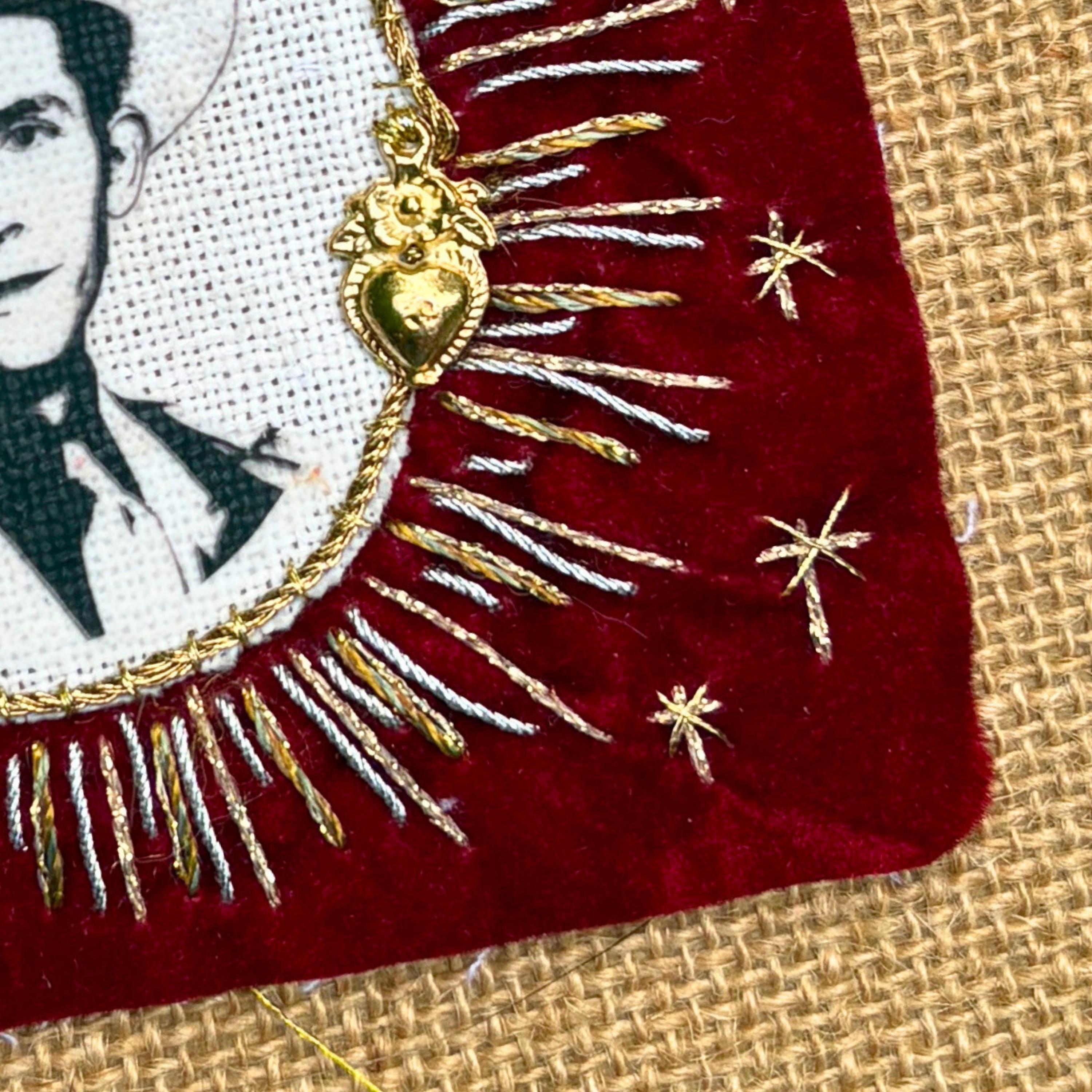 Hank Williams Sr Patch, Hand-Embroidered Red Velvet and Cream Linen with Goldwork Threads