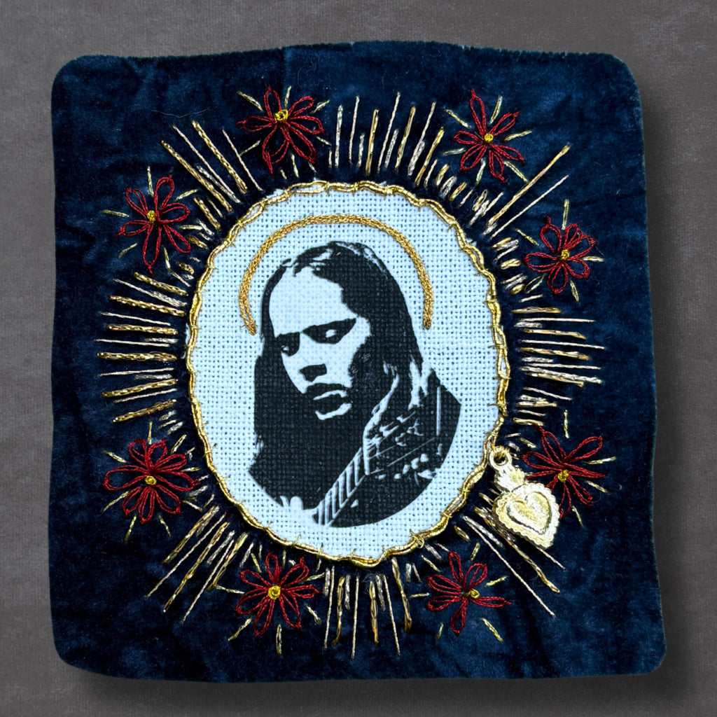 Hand Embroidered BMFS Velvet, Sew On Band Patches With Red Daisies. Music Lover Gifts for Record Lovers