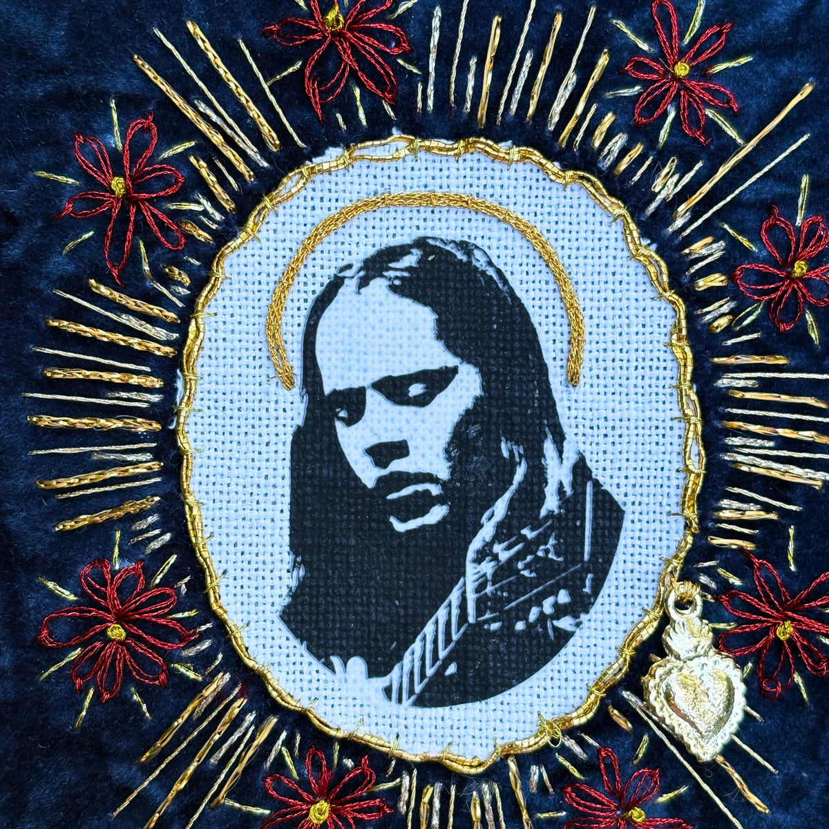 Hand Embroidered BMFS Velvet, Sew On Band Patches With Red Daisies. Music Lover Gifts for Record Lovers