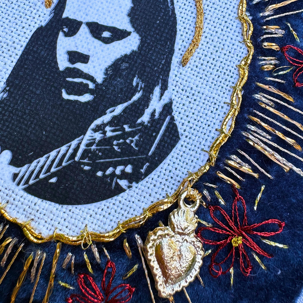 Hand Embroidered BMFS Velvet, Sew On Band Patches With Red Daisies. Music Lover Gifts for Record Lovers
