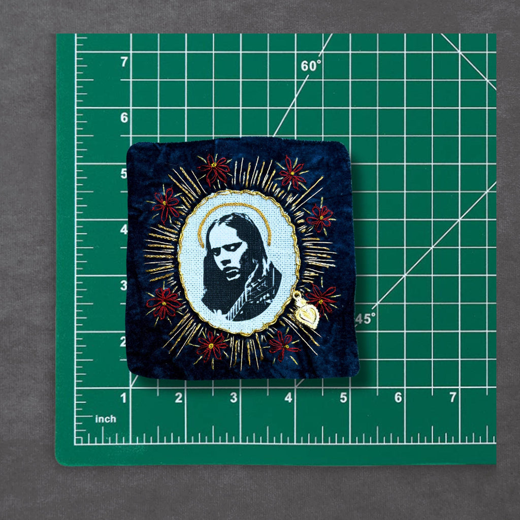 Hand Embroidered BMFS Velvet, Sew On Band Patches With Red Daisies. Music Lover Gifts for Record Lovers