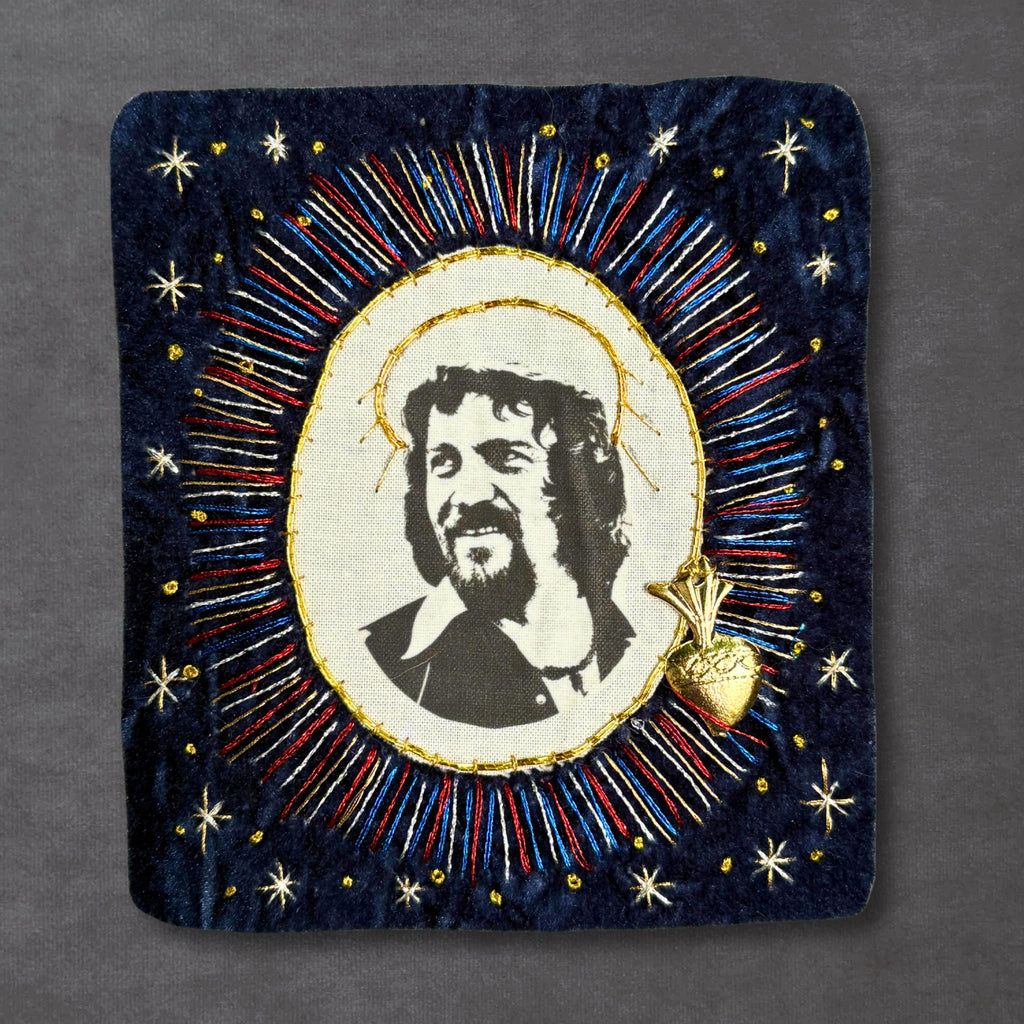Waylon Portrait Patch, Hand-Stitched Navy Velvet and Linen with Gold Sacred Heart Milagro