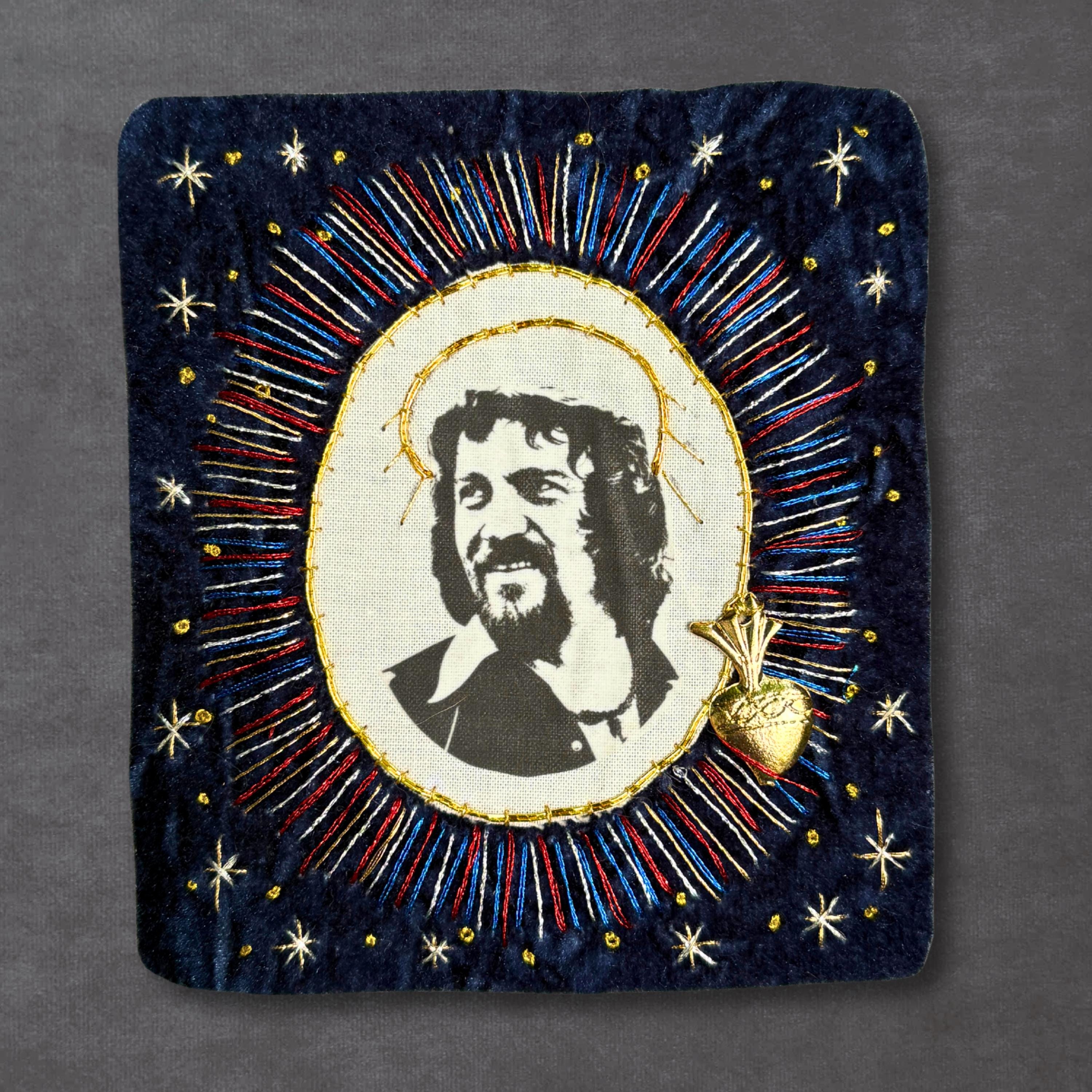 Waylon Portrait Patch, Hand-Stitched Navy Velvet and Linen with Gold Sacred Heart Milagro