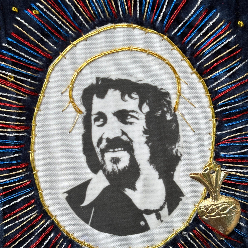 Waylon Portrait Patch, Hand-Stitched Navy Velvet and Linen with Gold Sacred Heart Milagro