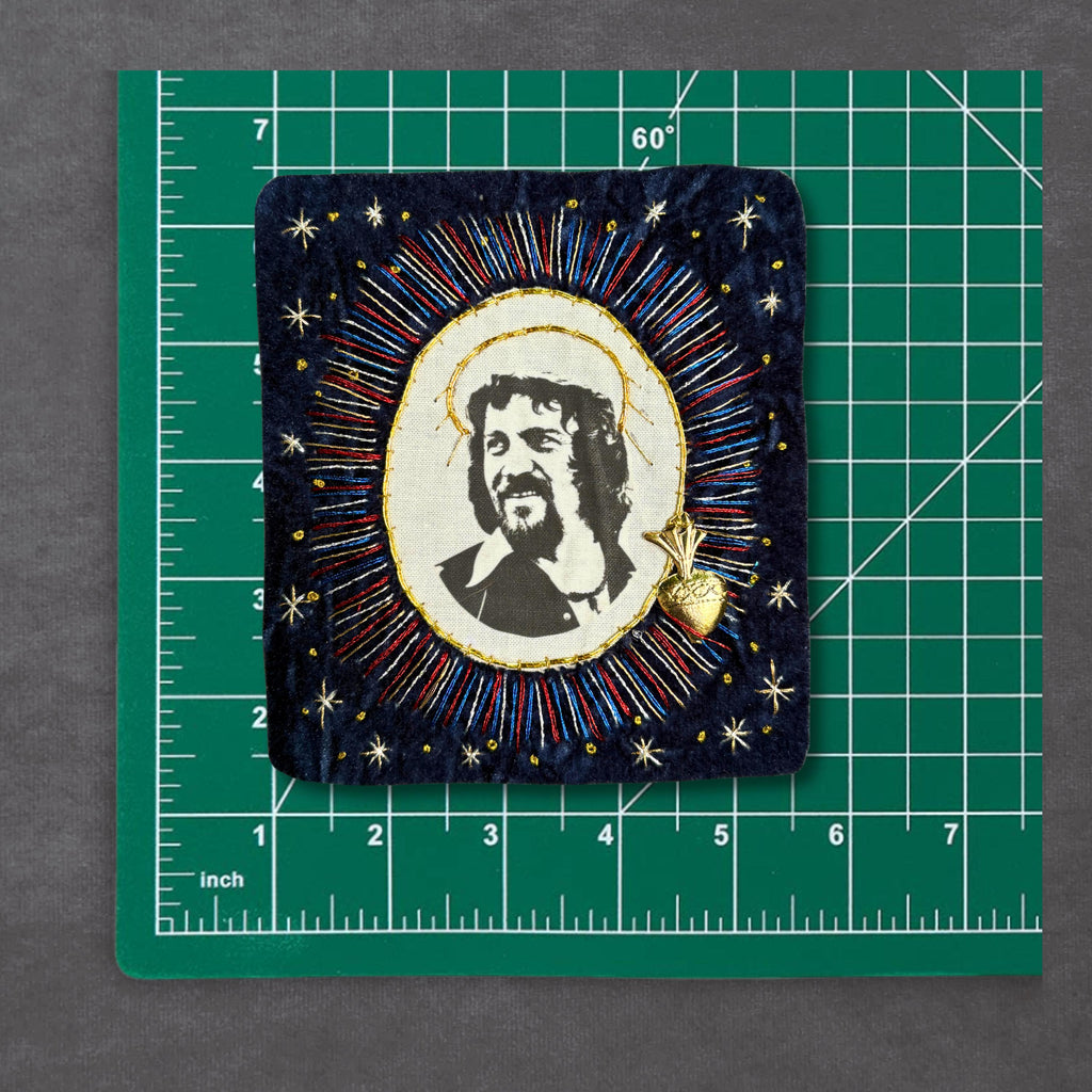 Waylon Portrait Patch, Hand-Stitched Navy Velvet and Linen with Gold Sacred Heart Milagro