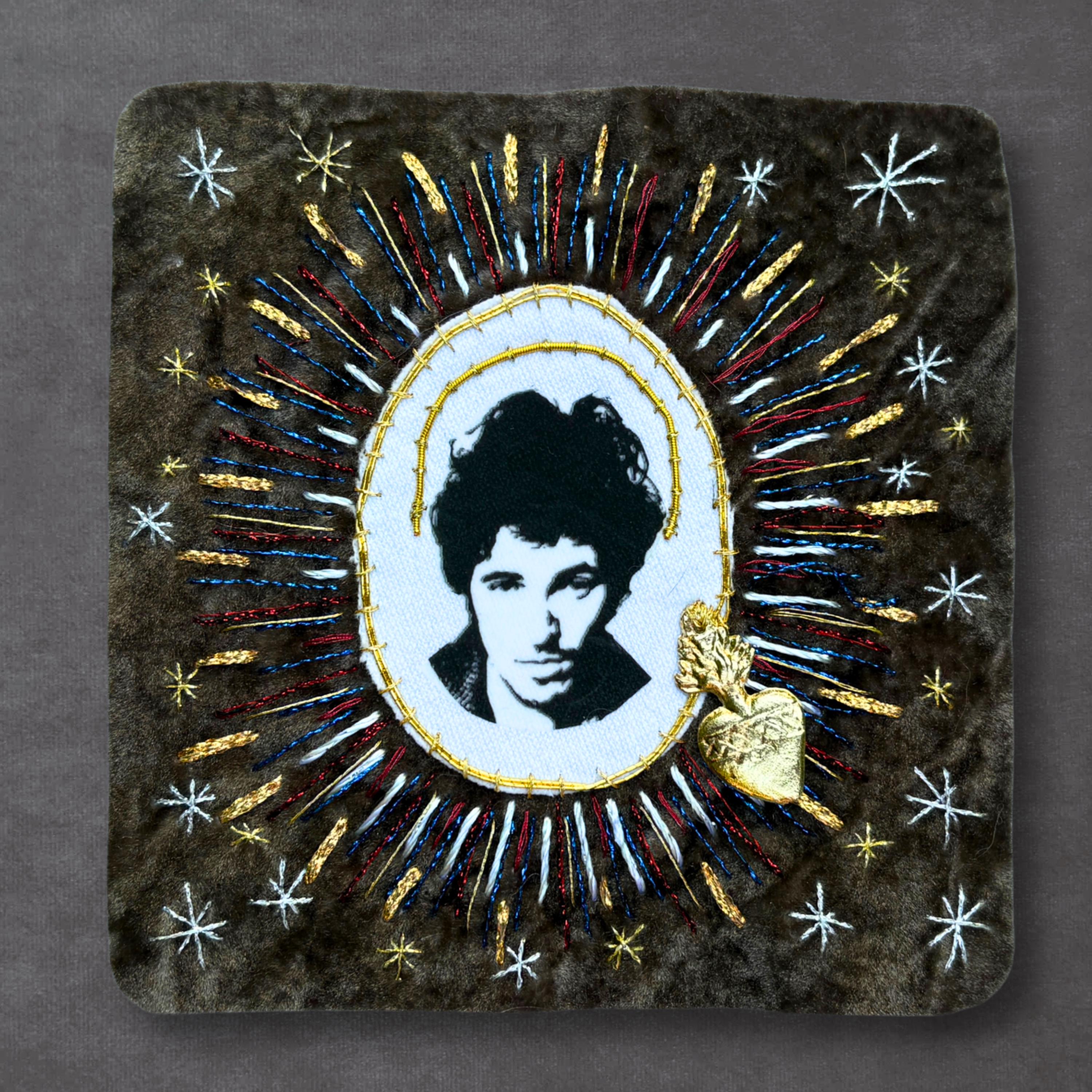 Rock N Roll Patch, Hand Embroidered, Velvet Patch, Goldwork Milagro Charm