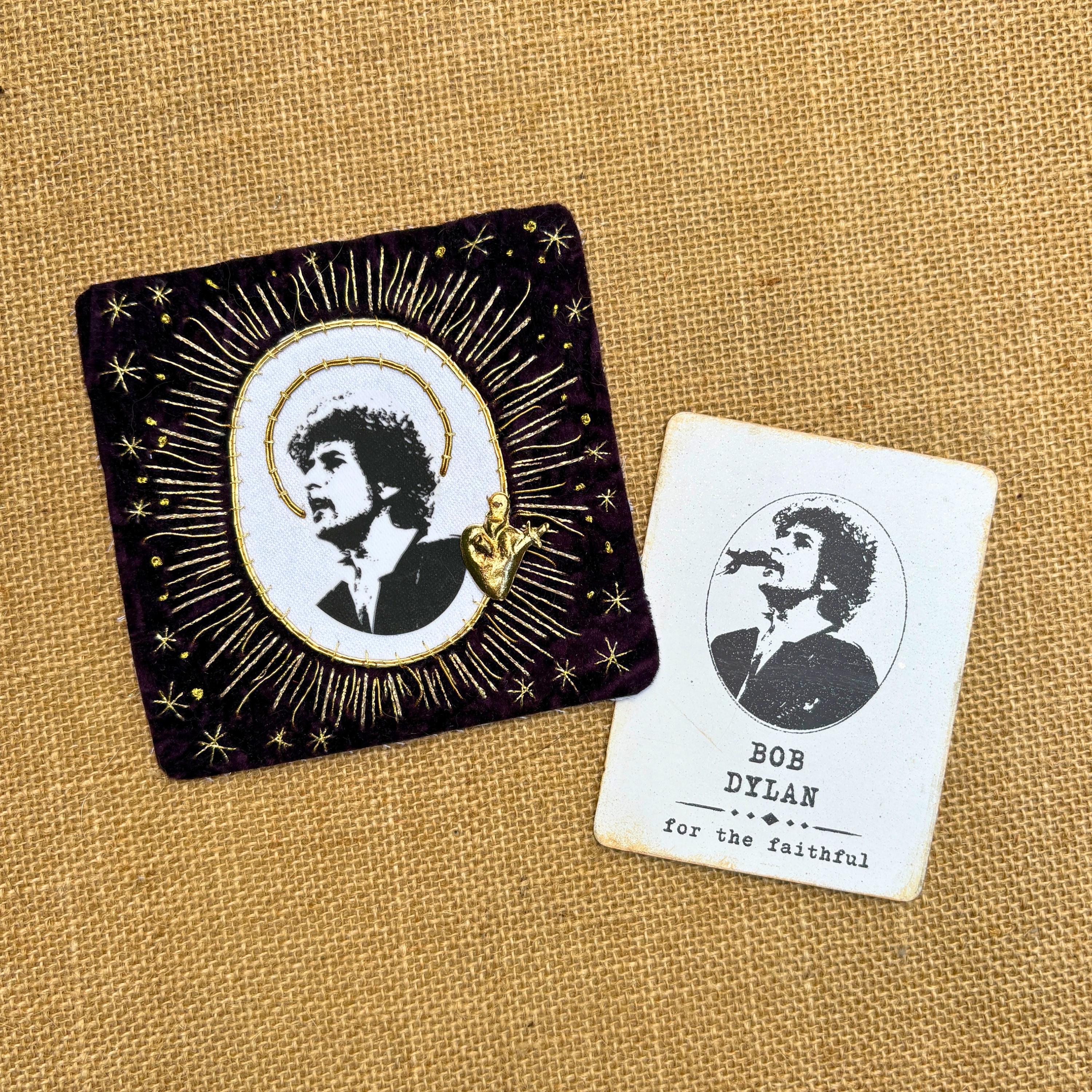 Dylan Portrait Sew-On Patch, Hand-Embroidered Velvet with Goldwork and Sacred Heart Milagro
