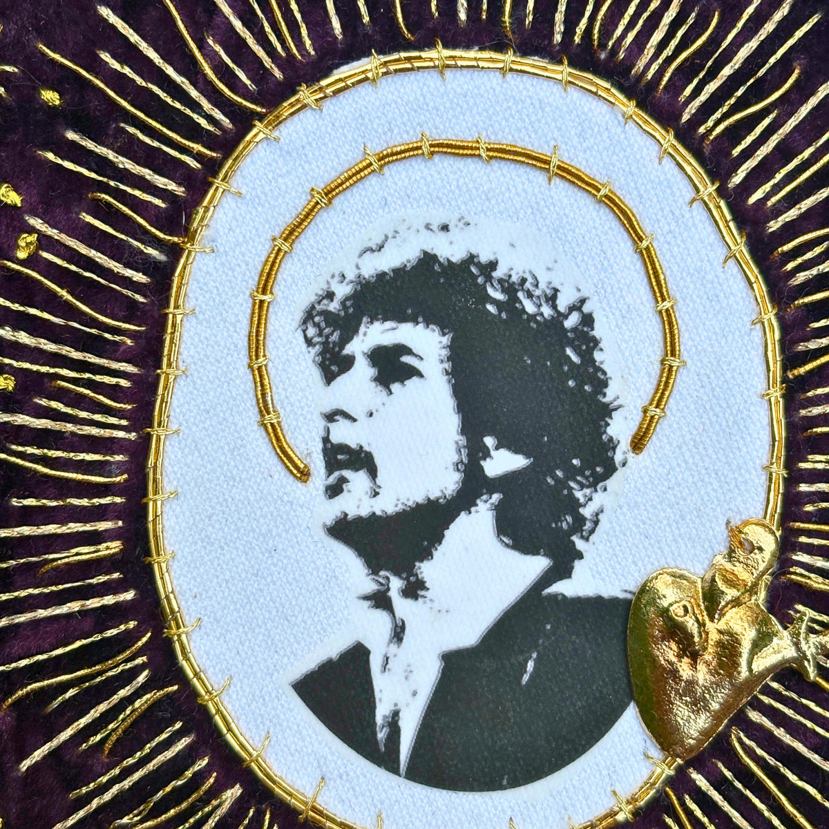 Dylan Portrait Sew-On Patch, Hand-Embroidered Velvet with Goldwork and Sacred Heart Milagro