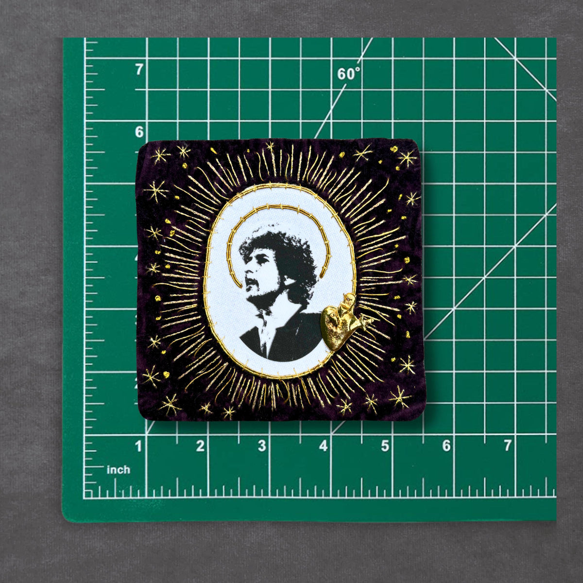 Dylan Portrait Sew-On Patch, Hand-Embroidered Velvet with Goldwork and Sacred Heart Milagro