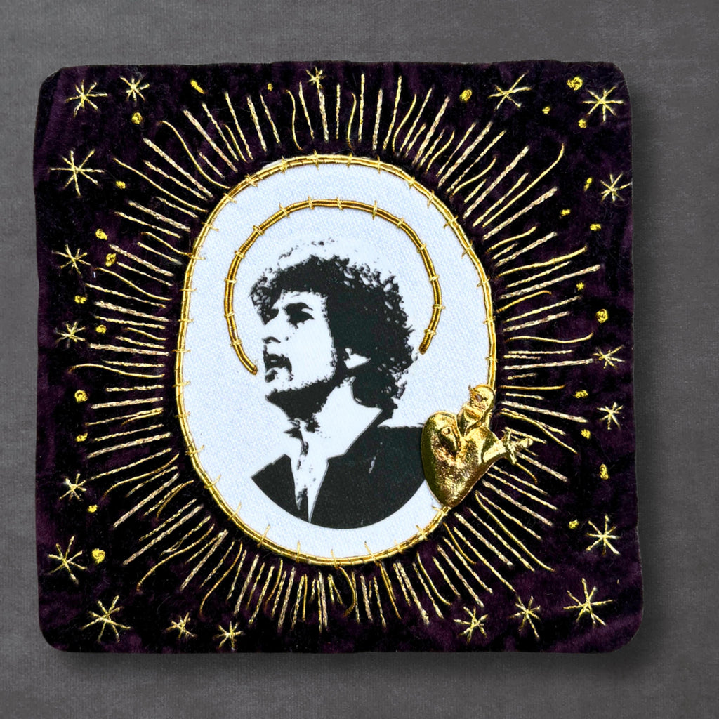 Dylan Portrait Sew-On Patch, Hand-Embroidered Velvet with Goldwork and Sacred Heart Milagro