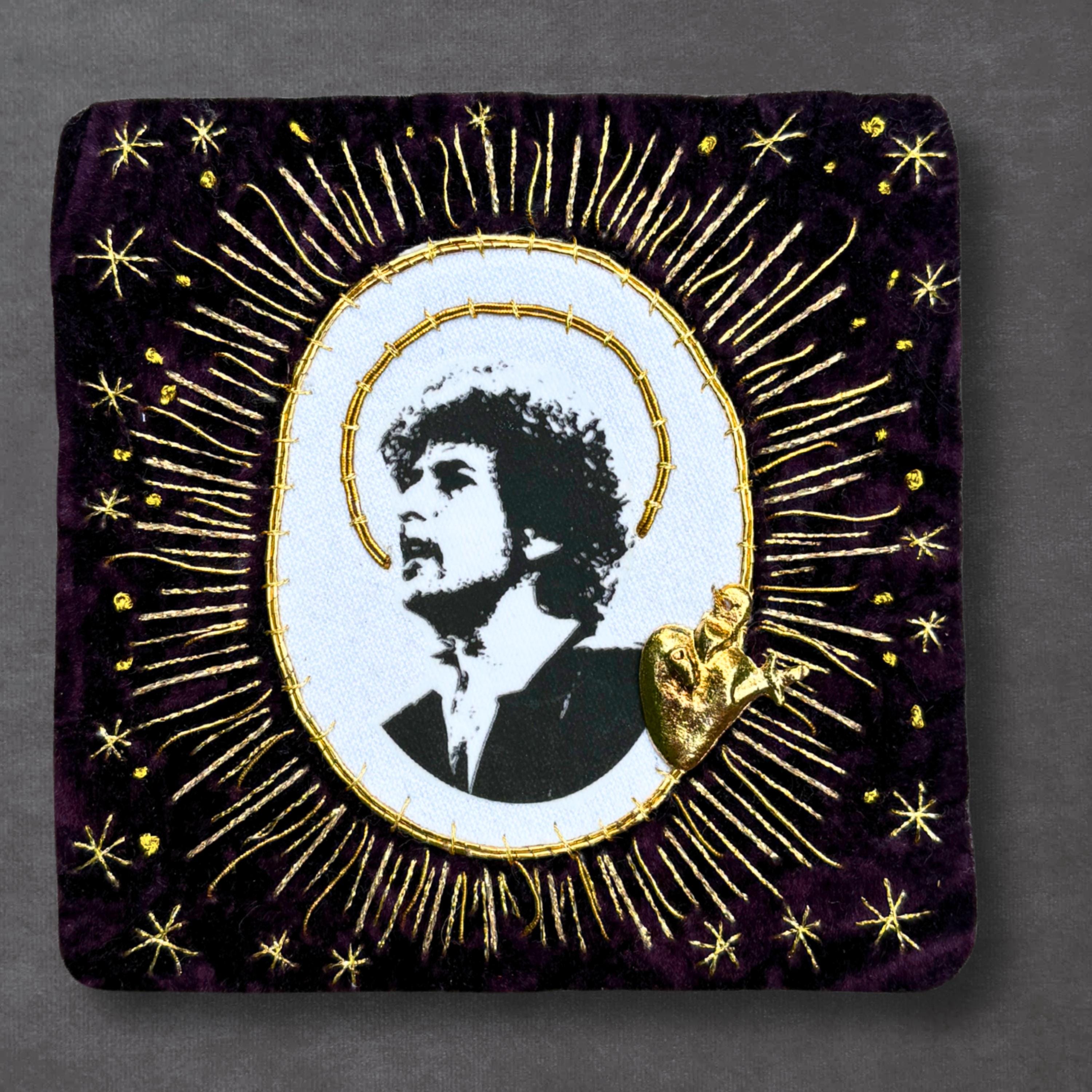 Dylan Portrait Sew-On Patch, Hand-Embroidered Velvet with Goldwork and Sacred Heart Milagro